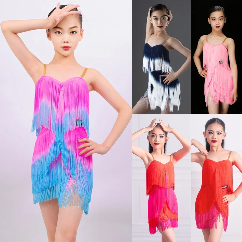 

2024 Colorful Full Fringed Party Dress Girls Latin Dance Performance Costumes Kids Chacha Salsa Tango Dancing Dresses SL10692