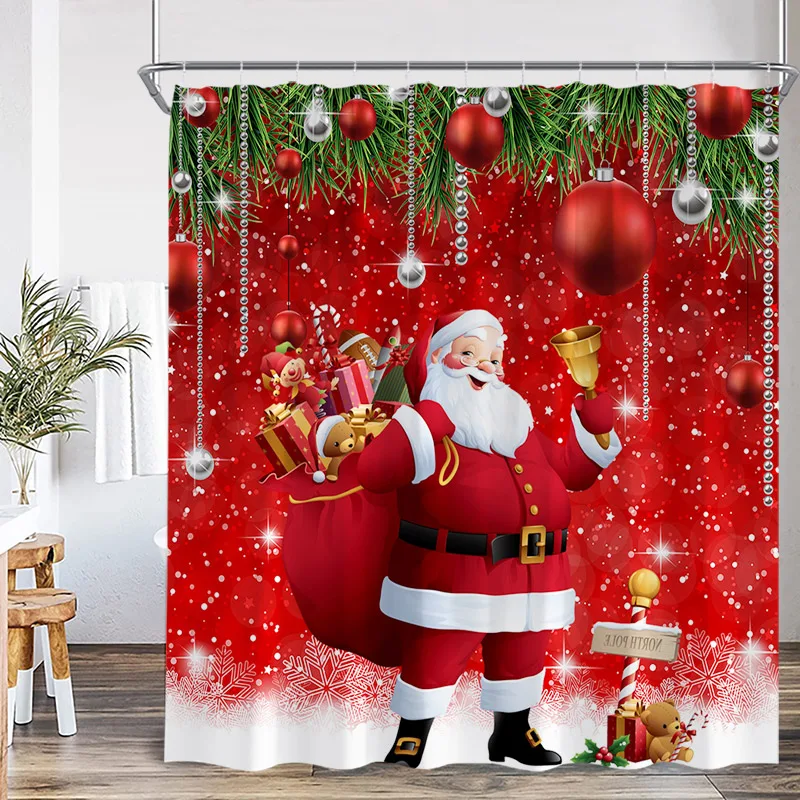 Red Santa Claus Shower Curtains Green Pine Bough Xmas Balls Snowflake Christmas Bath Curtain Set Home Bathroom Decor With Hooks