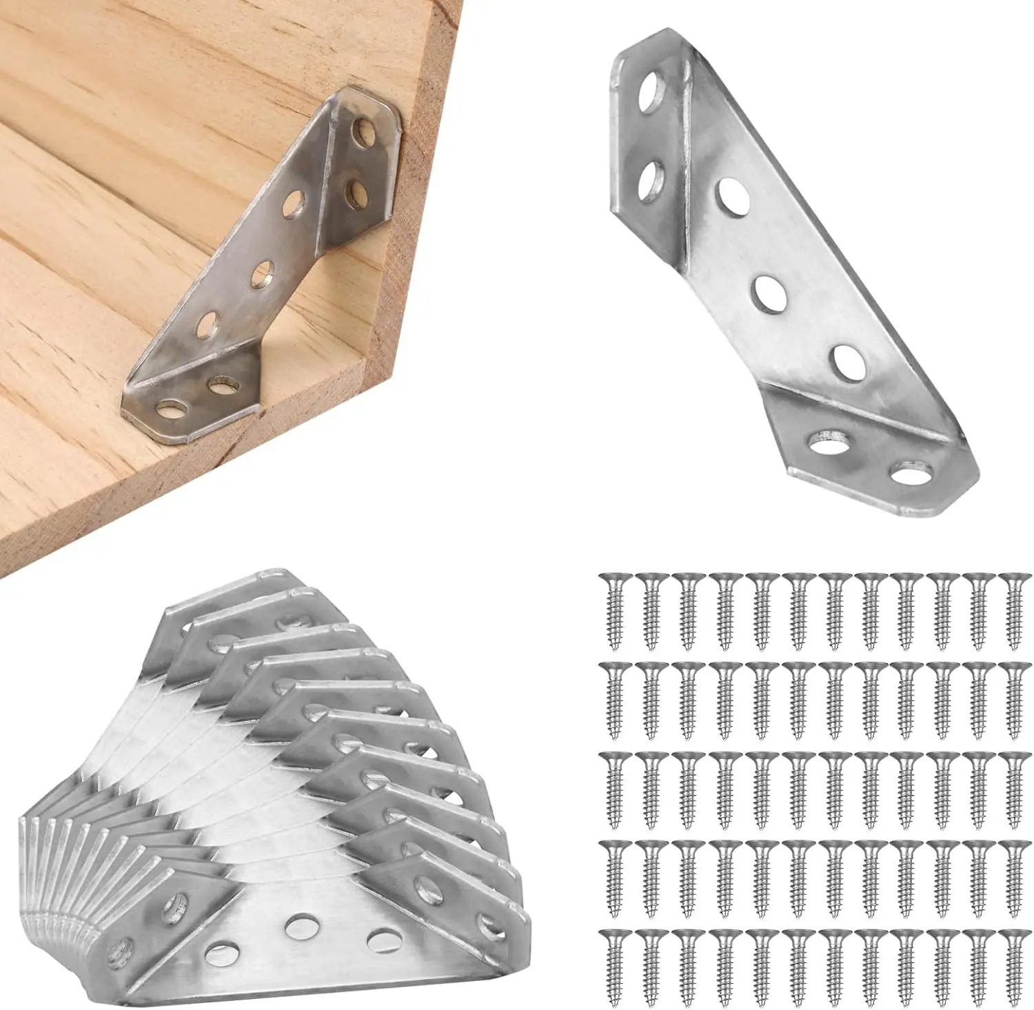 

100/200set Corner Brackets Stainless Steel Furniture Angle Shelf Connector Cabinet Support Fixing Frame Corner Brace with Screws