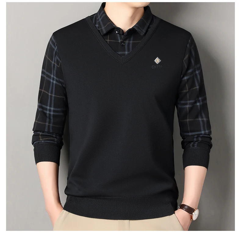 Herren Plaid Pullover Fleece Pullover Slim Fit Elegante Luxus Marke Gefälschte Zwei Stücke Gestrickte Pullover – Detail 15