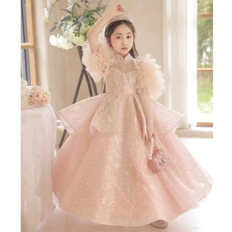 2024 Luxury Gala Dress for Teens Girl Infants Sequins Tutu Sleeve Maxi Dresses for Party Kids Catwalk Costume Children Ball Gown