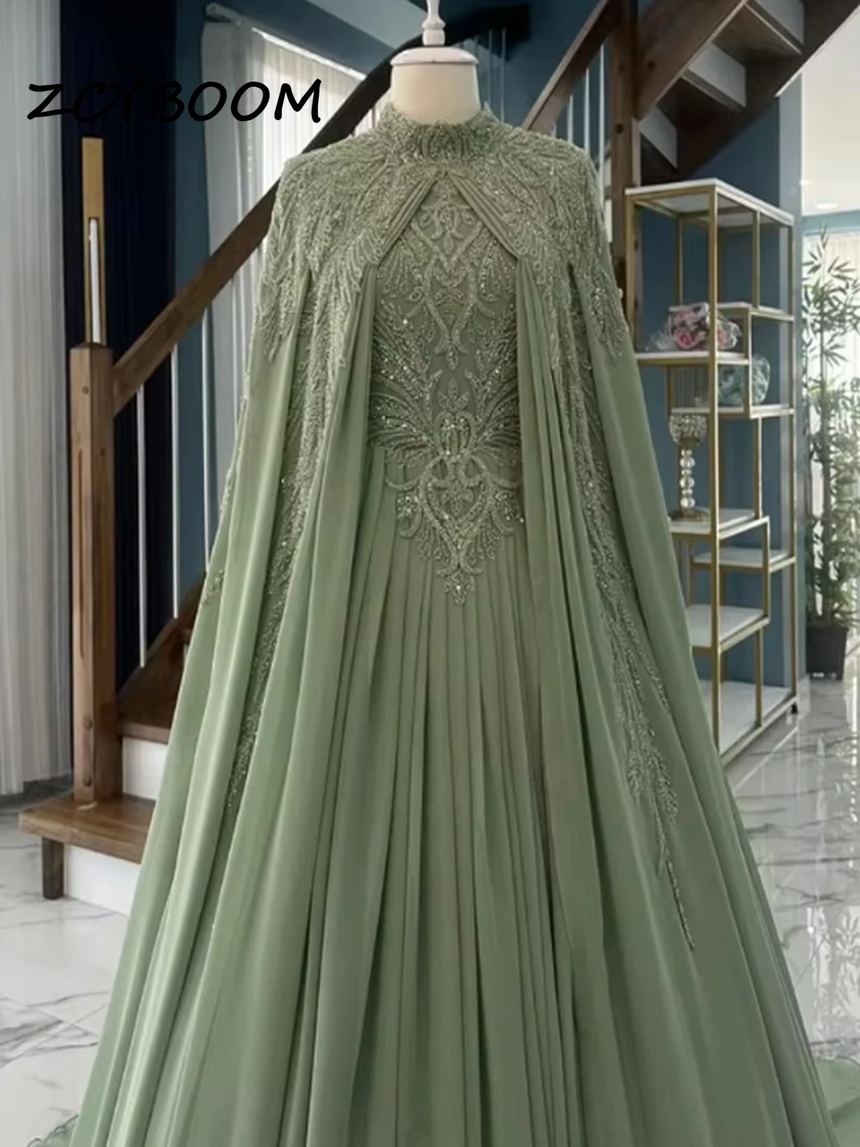 

Элегантное классическое мусульманское платье с короткими рукавами, турецкое бальное платье с высоким воротом, 2025 г., аппликации, арабские платья, вечерние платья, халат