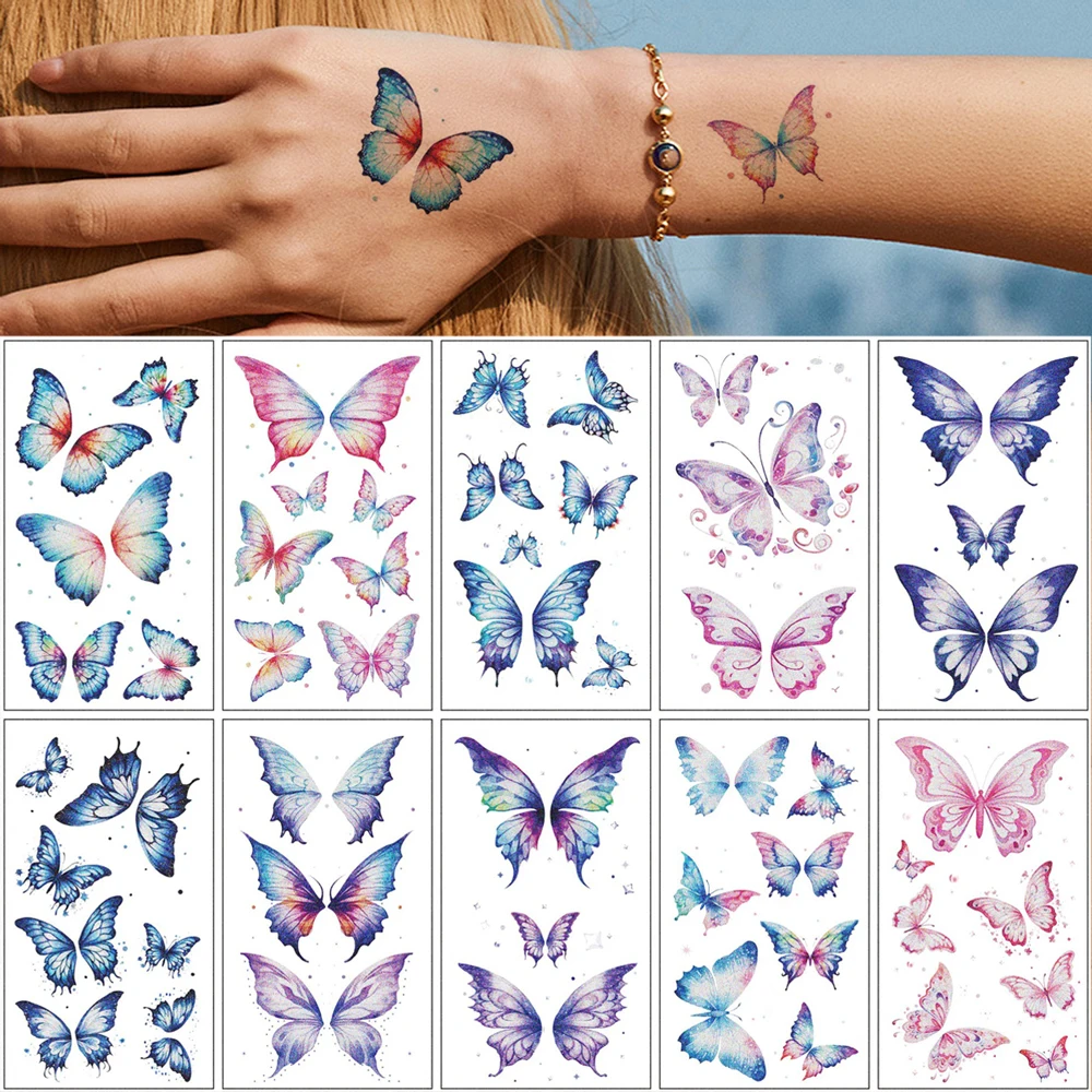 

10-листые временные татуировки с блестящими бабочками для женщин, цветная поддельная татуировка с бабочкой для рук, шеи, лодыжки, одежды для тела, татуировки на руку