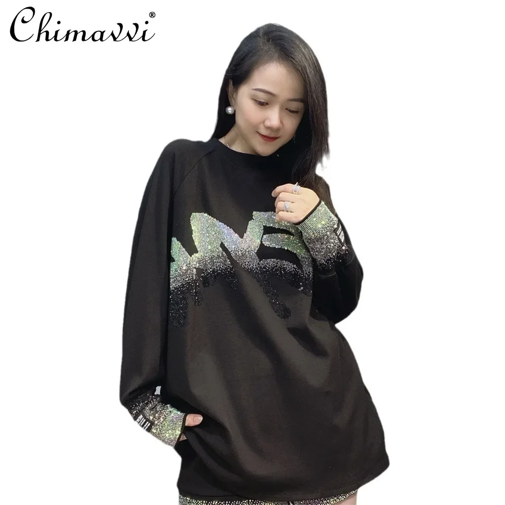 Fashion Loose T-shirt Women Autumn and Winter Hot Diamond Long-sleeved Large-size Tees Top Thickened Round Neck Basic Tshirts