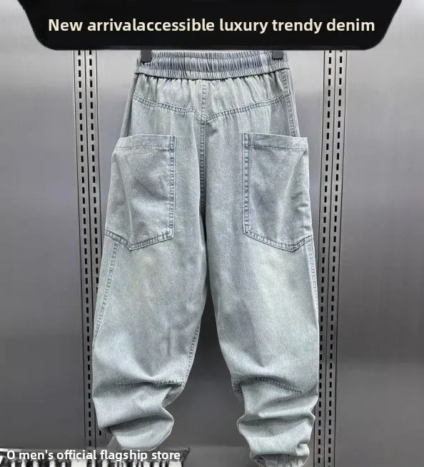 Drawstring Jeans Men's 2024 Summer Thin Multi-Pocket Loose Legging Youth Washed Vintage Work Pants Men Baggy Washed Harlan Pants