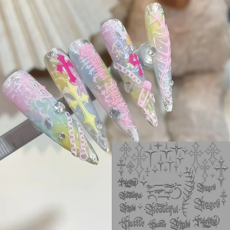 Gothic Dark Style Nail Art Mold with 3D Cross Lettering Silicone Mold for Sweet Cool Transparent Nail Decorations Single Piece