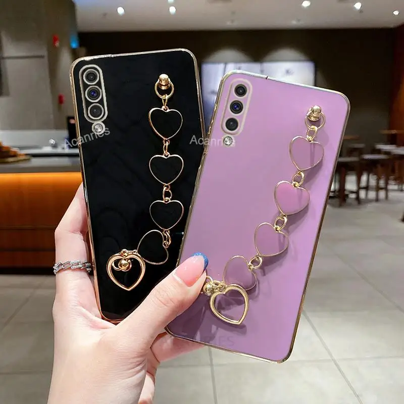 A 50 70 30 Luxury Love Heart Plating Bracelet Chain Case For Samsung Galaxy A70 A50 A30 S A7 2018 Square Cover On A50S A30S A750