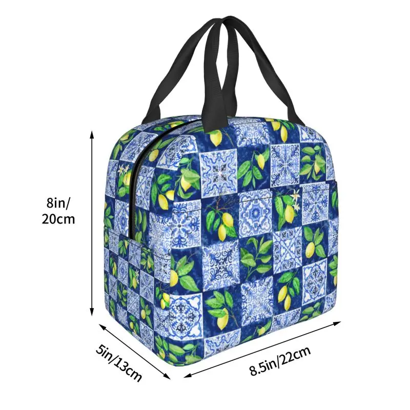 Mediterranean Tiles Summer Fruit Lemons Lunch Bag Leakproof Cooler Thermal Insulated Bento Box For Women Kids Food Tote Bags