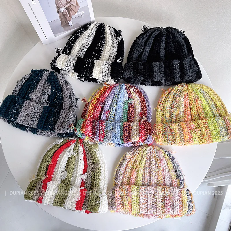 Japanese Handmade Heavy Industry Multi-strand Twist Mixed Color Wool Hat Dopamine Color Women Winter Warm Beanie Cap