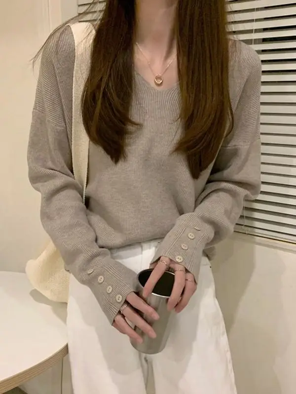 Korean Style V-Neck Long Sleeve Knitwear Loose Fit Slimming Base Layer Top for Women Autumn New Arrival Fashion Casual Tee