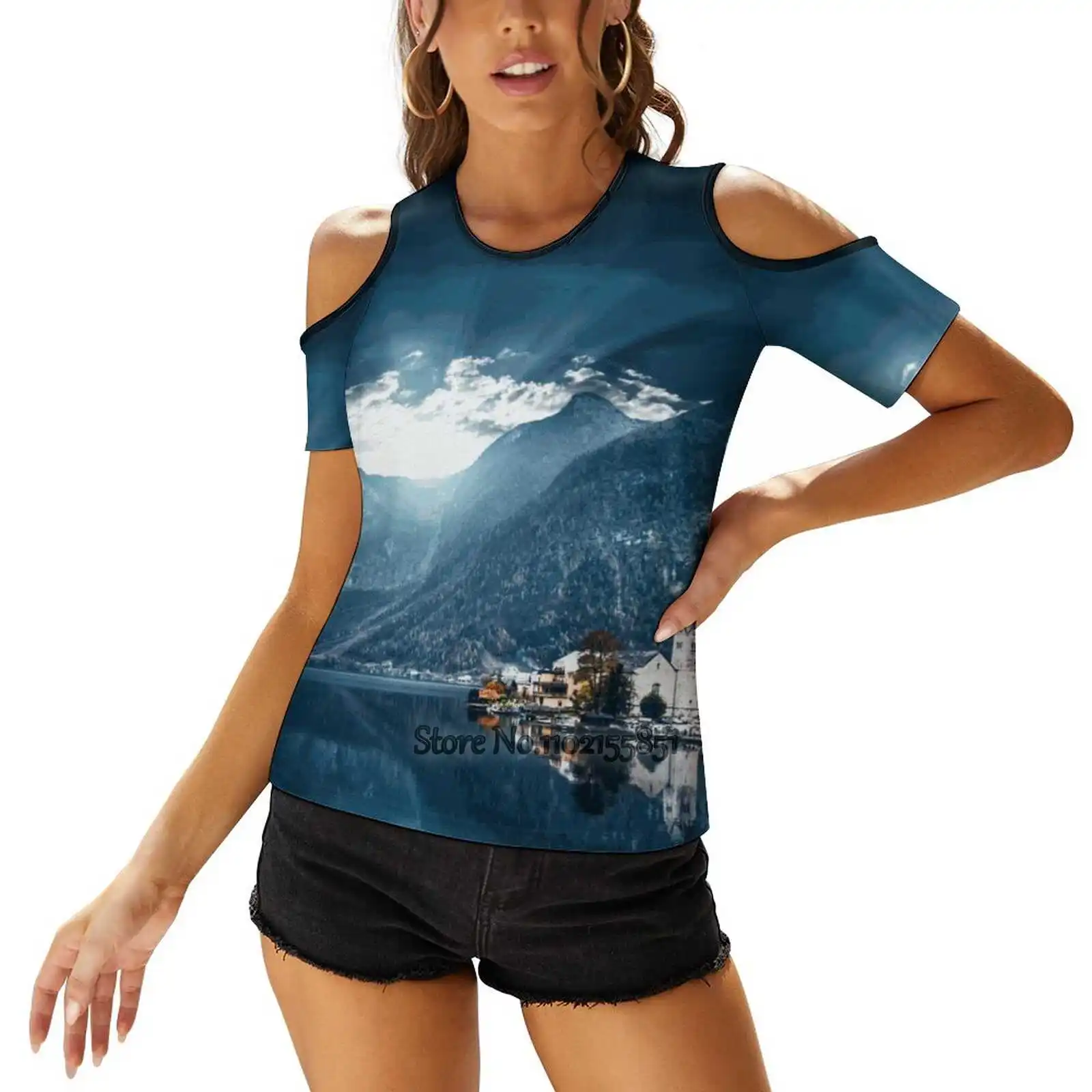 Hallstatt In Austrian Alps Woman Tshirts Printed Tops O-Neck Back Lacing Top Fashion Graphic T Shirt Bridge Built Structure