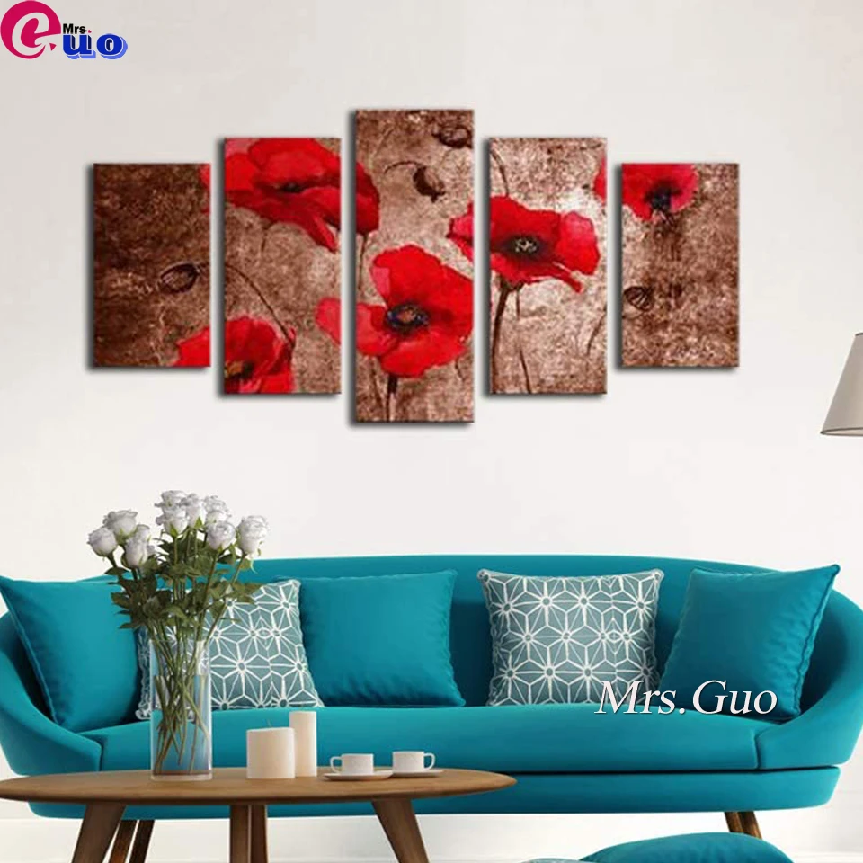 Diamond Painting Red Poppy Brown 5 Pieces Kit Full Square Round Drill Mutl-Picture Diamond Embroidery Cross Stitch Handmade Gift