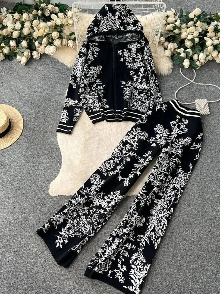 

Women Vintage Knitted Sweater Two-piece Set Autumn Winter Printed Hooded Sweater Top High Waisted Wide Leg Pants Casual Suits