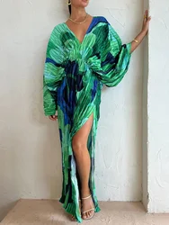 Women Vintage Batwing Sleeve Autumn Dress Sexy V Neck High Slit Ladies Party Dress Female Backless Long Dress Vestidos Wholesale