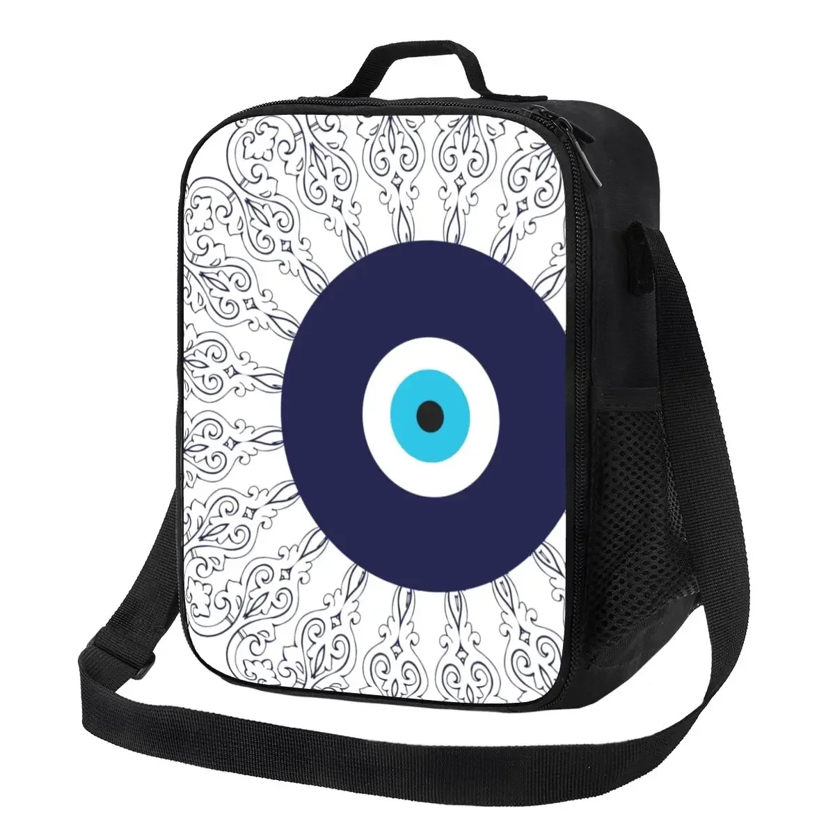 

Custom Nazar Evil Eye Lucky Charm Pattern Thermal Lunch Bag Turkish Tribes Amulet Lunch for Work School Travel Bento Food Box