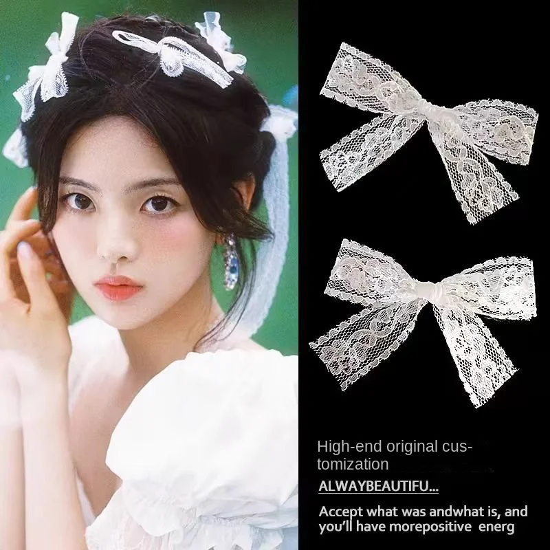 2024 White Lace Bb Clip Lace Bow  Hairpin Bangs Side Clip Super Fairy Hair Accessories Female Duckbill Clip