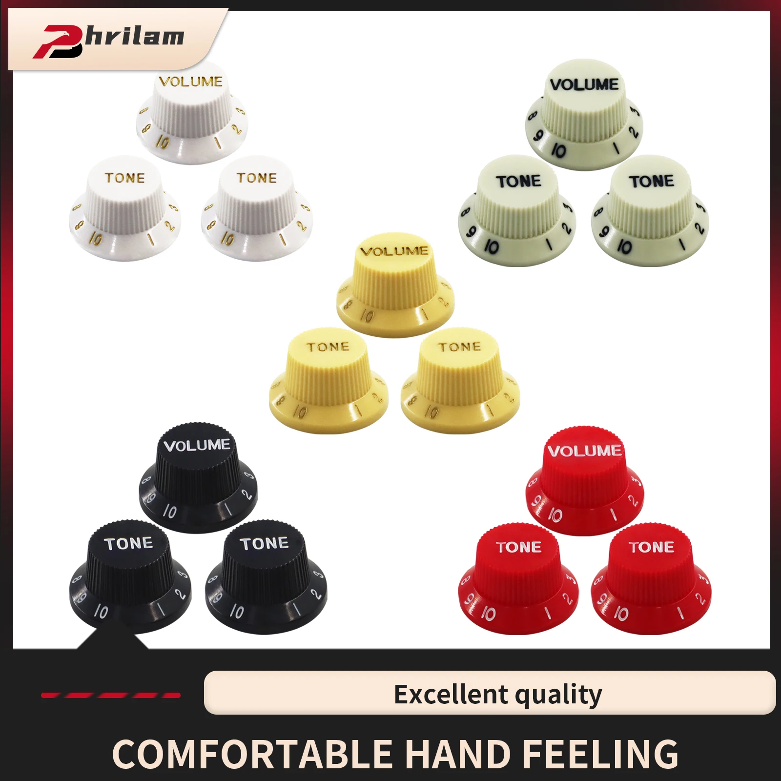 Phrilam Speed Control Knobs 1 Volume 2 Tone Guitar Knob Set Fit FD St Style Electric Guitar 18 Splines, Cream/Black/White/Red