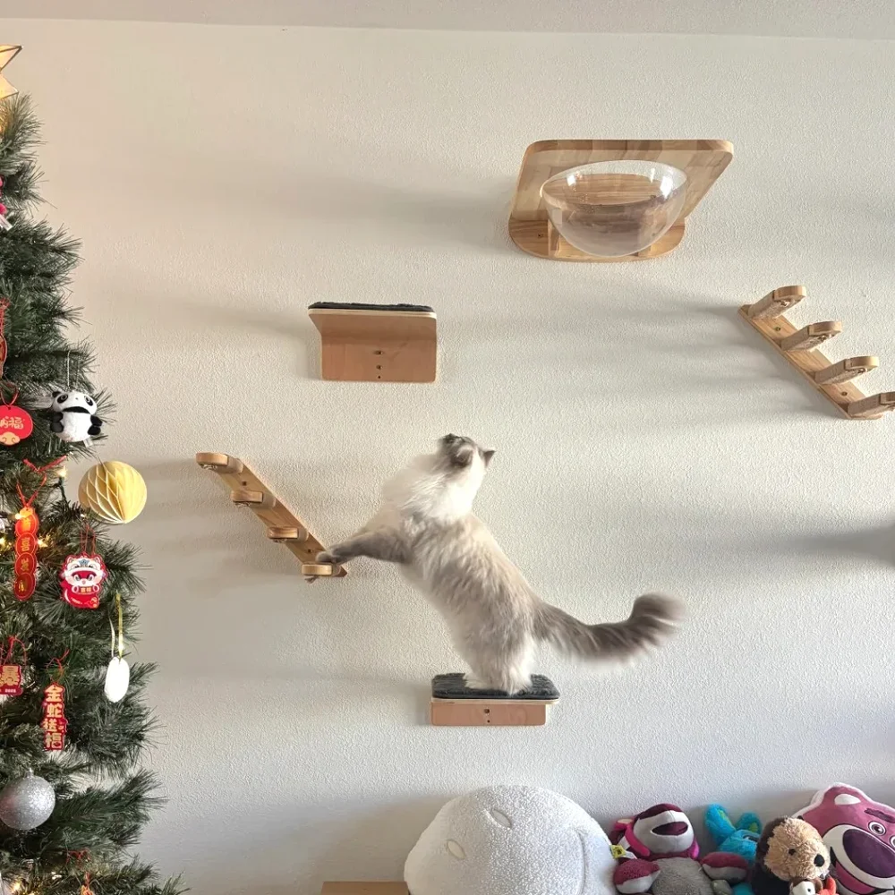 木製キャットツリータワー壁掛け猫クライミング棚猫スクラッチャーハンモック隠れ家サイザル階段ペット家具アクセサリー