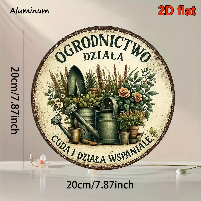 2D Flat - A 2D Flat, 8*8 Inch Round Polish Aluminum Sign Featuring Vintage Decorations Related to Gardening Tools And Flowers. T