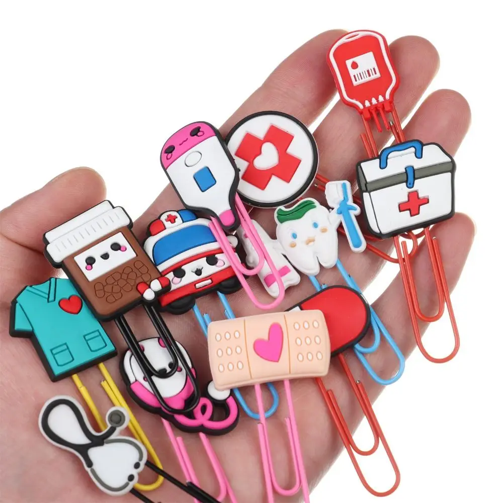 12PCS Paper Clip Bookmarks Cute Cartoon Medical Paper Clip Bookmark Colorful Book Clips Set Bookmark Stationery Accessories