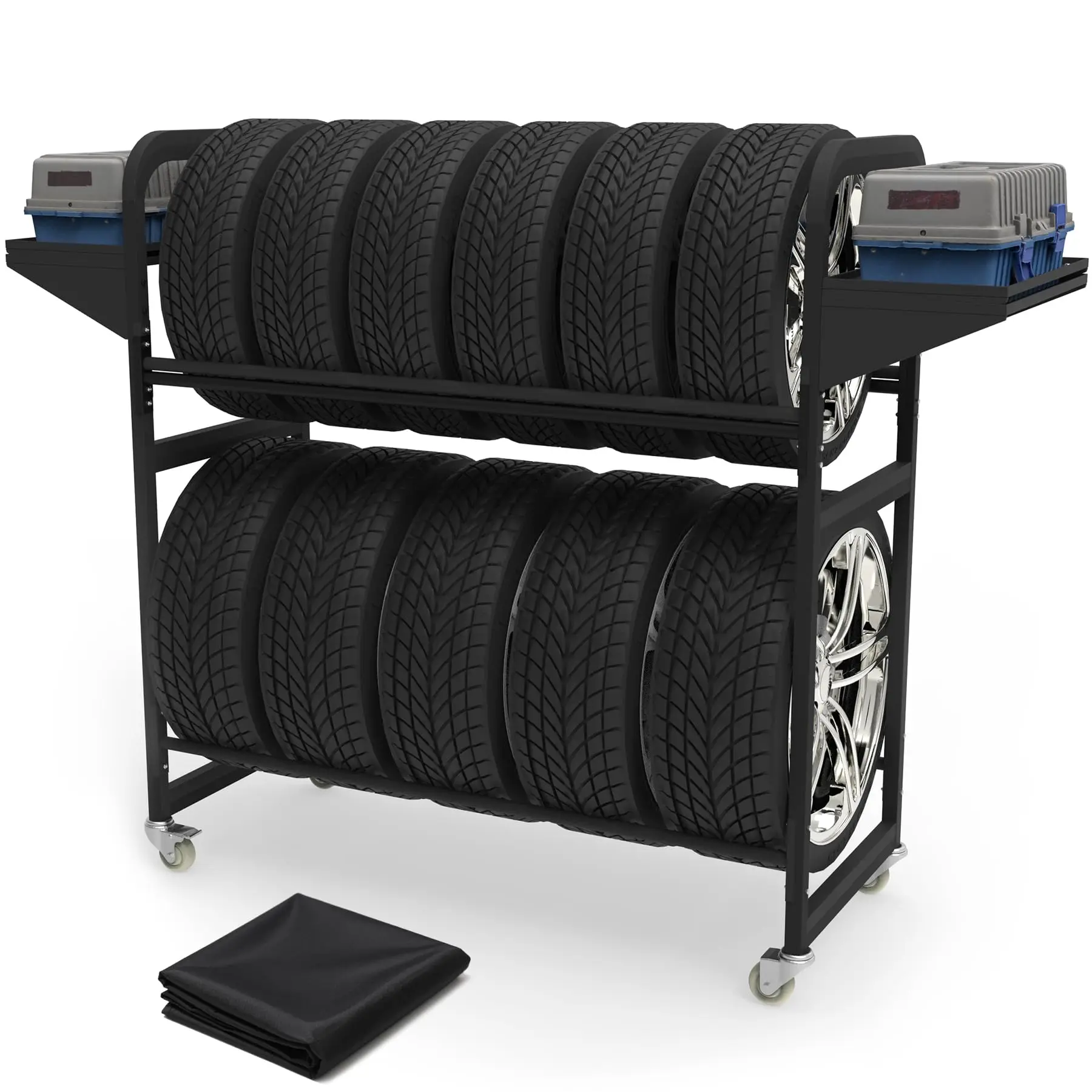 

Heavy-Duty Rolling Tire Rack With 2 Shelves, Adjustable Black Steel Frame, 4 Swivel Casters, Includes Dust Cover