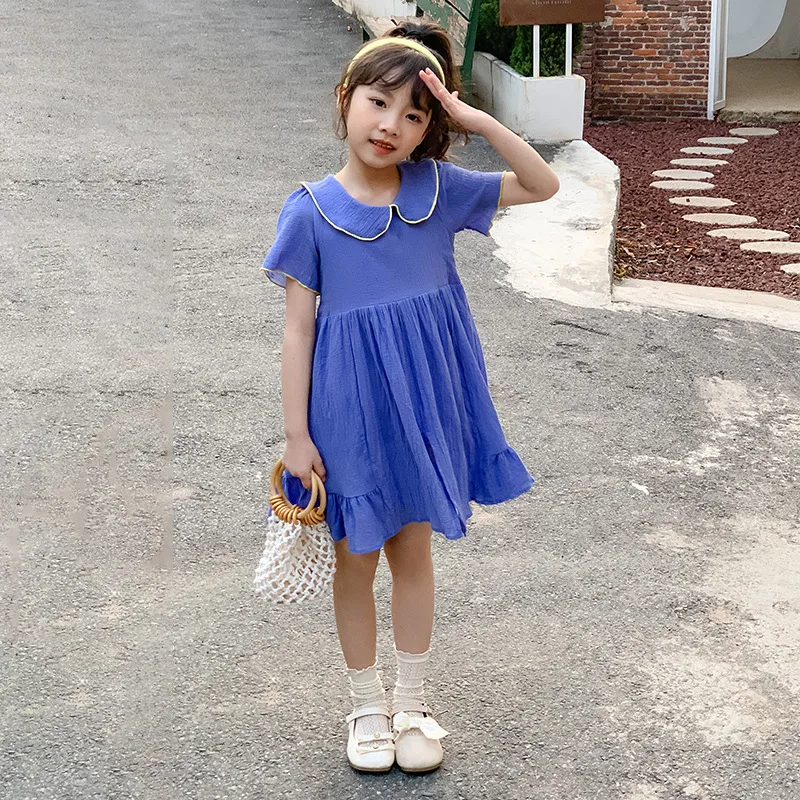 

2024 Korean Summer Teenager Girl One-piece Dress Children Girl Peter Pan Collar Princess Dress School Girl Solid Cotton Dress