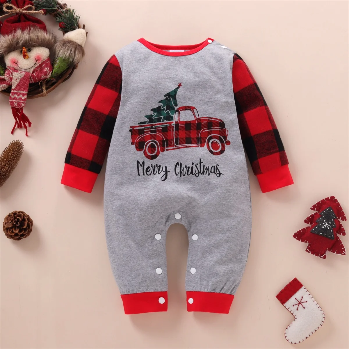 طفل رومبير ربيع الخريف عيد الميلاد كتلة اللون طويلة الأكمام طباعة نيسيي ملابس الرضع Babygrow الطفل السروال القصير