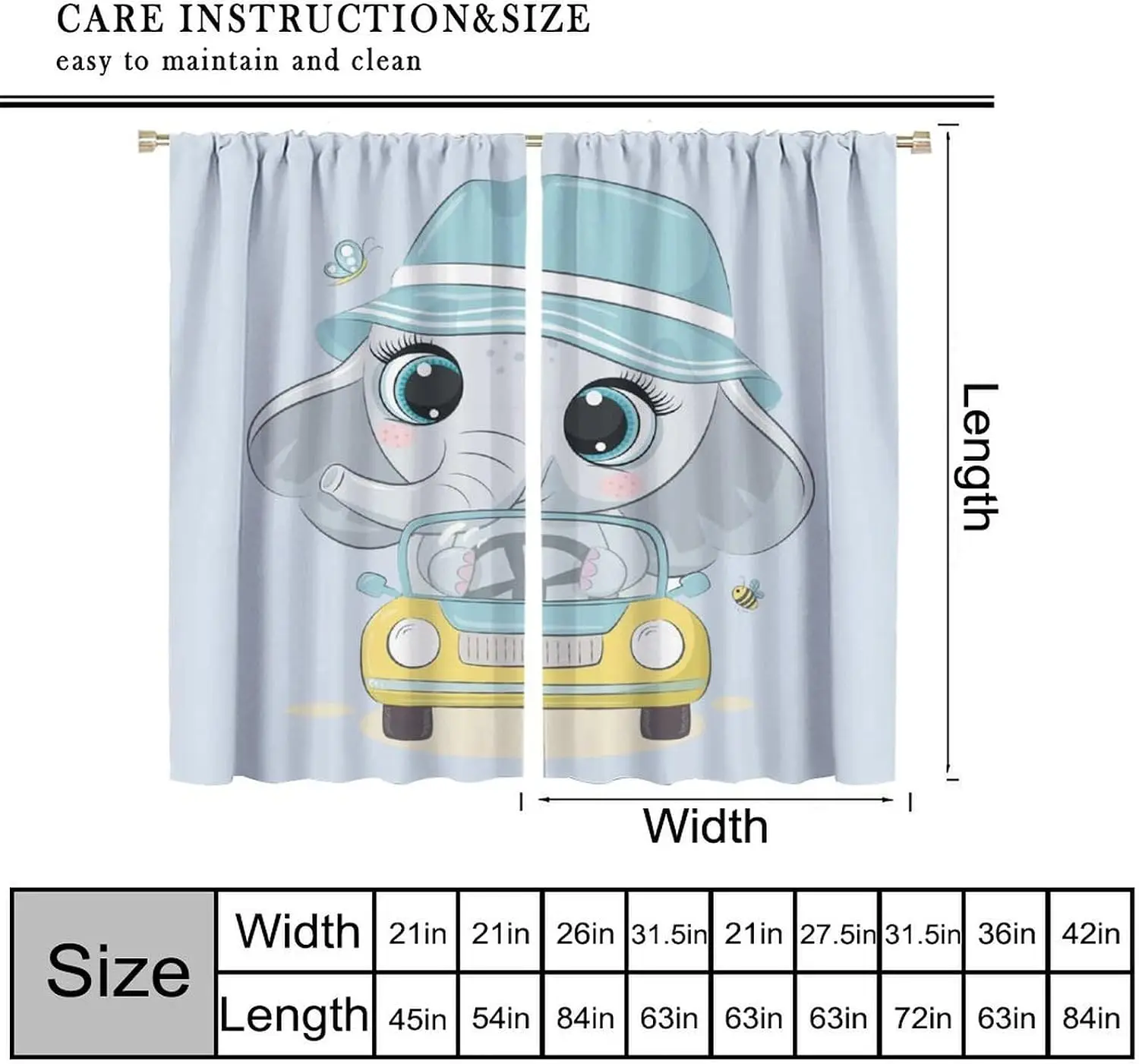 Kids Cartoon Curtain Big Eye Elephant Blue Hat Yellow Car Bee Print Country Light Blocking Drape For Villa Dorm Nursery Farm