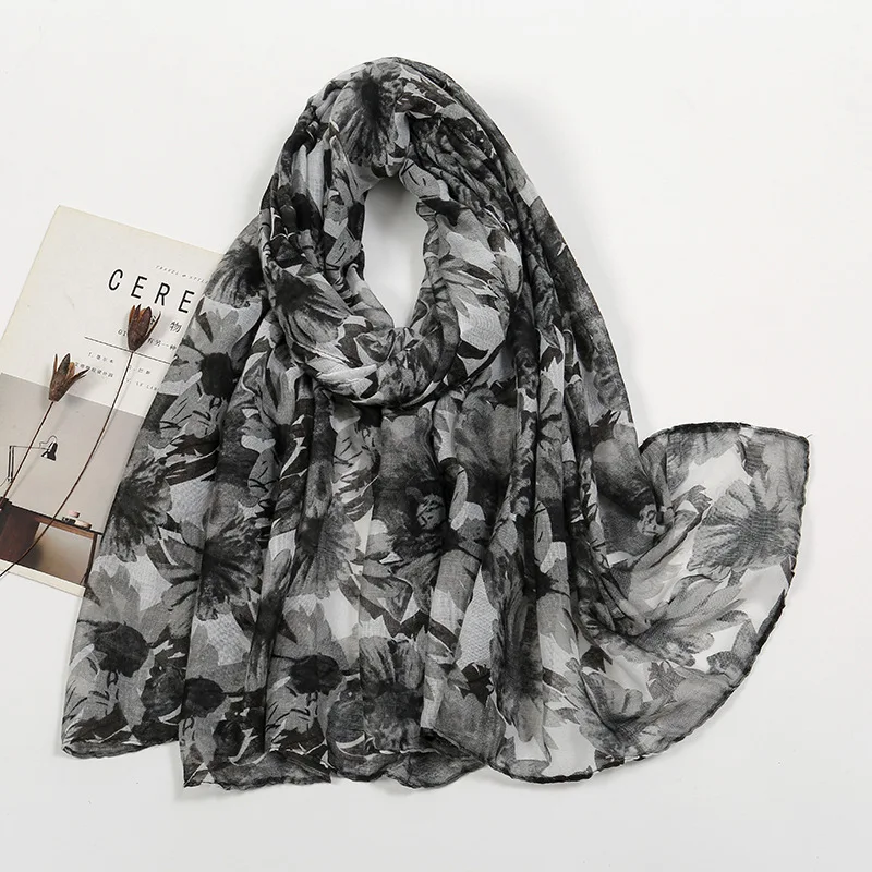 Cotton Linen Scarf for Sun Protection, Floral Print with Soft Touch Scarf, Fashionable and New