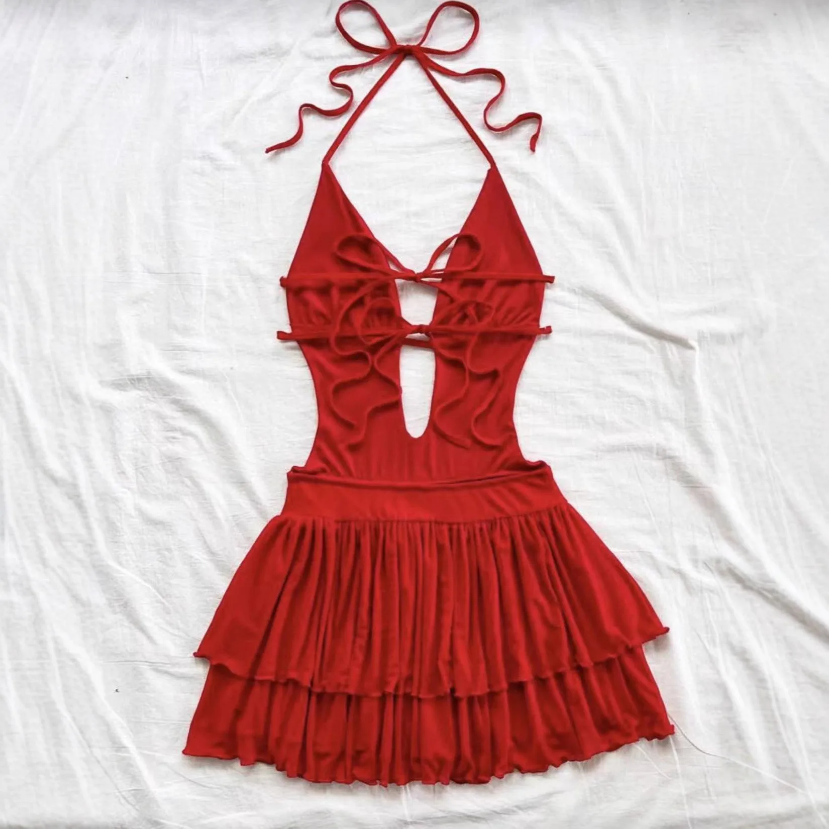 Ruched Backless Dress Slim Fit Elegant Mini Length American European Style with Mid Waist Beach Date Daily Autumn Women Dress