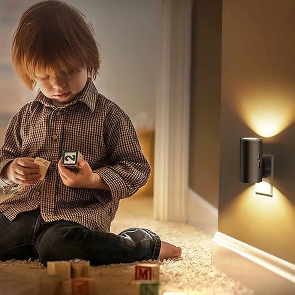 Adjustable LED Night Light with PIR Motion Sensor - Manual Brightness Control, Plug-in Wall Lamp for Hallway/Bedroom/Bathroom, Black