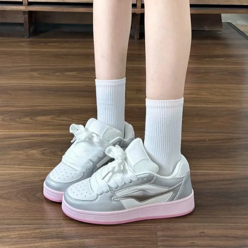 

2025 Autumn Dopamine Women's Platform Loafers Silver Pink Chunky Sole Bread Shoes Fashion Trendy Casual Sneakers