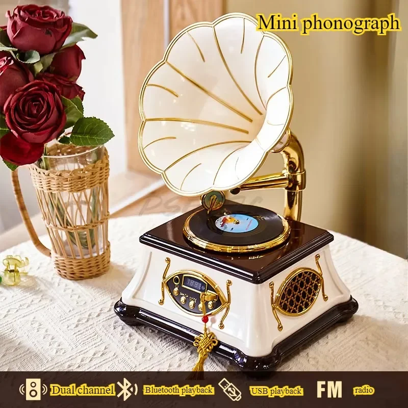 

Retro Mini Phonograph Shaped Bluetooth Speaker for Home Decor Wireless Bluetooth/USB Player/FM Receiver