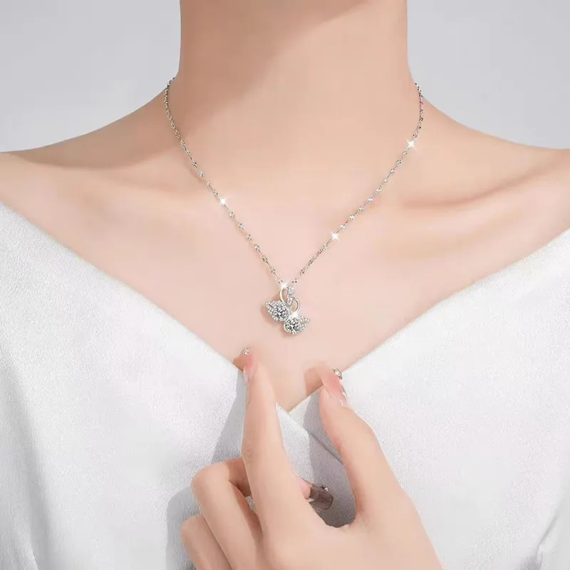 White gold double swan necklace light luxury niche swan pendant female clavicle chain for girlfriend