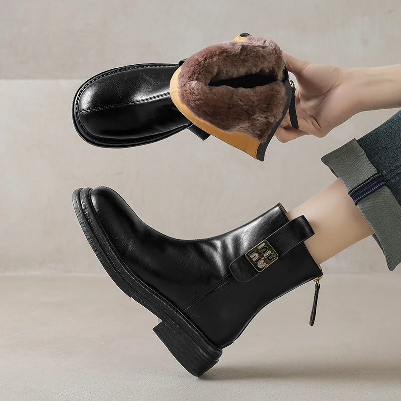2026 new autumn winter women ankle boots natural leather plus size 22-25cm split leather+wool low heel back zip short boots