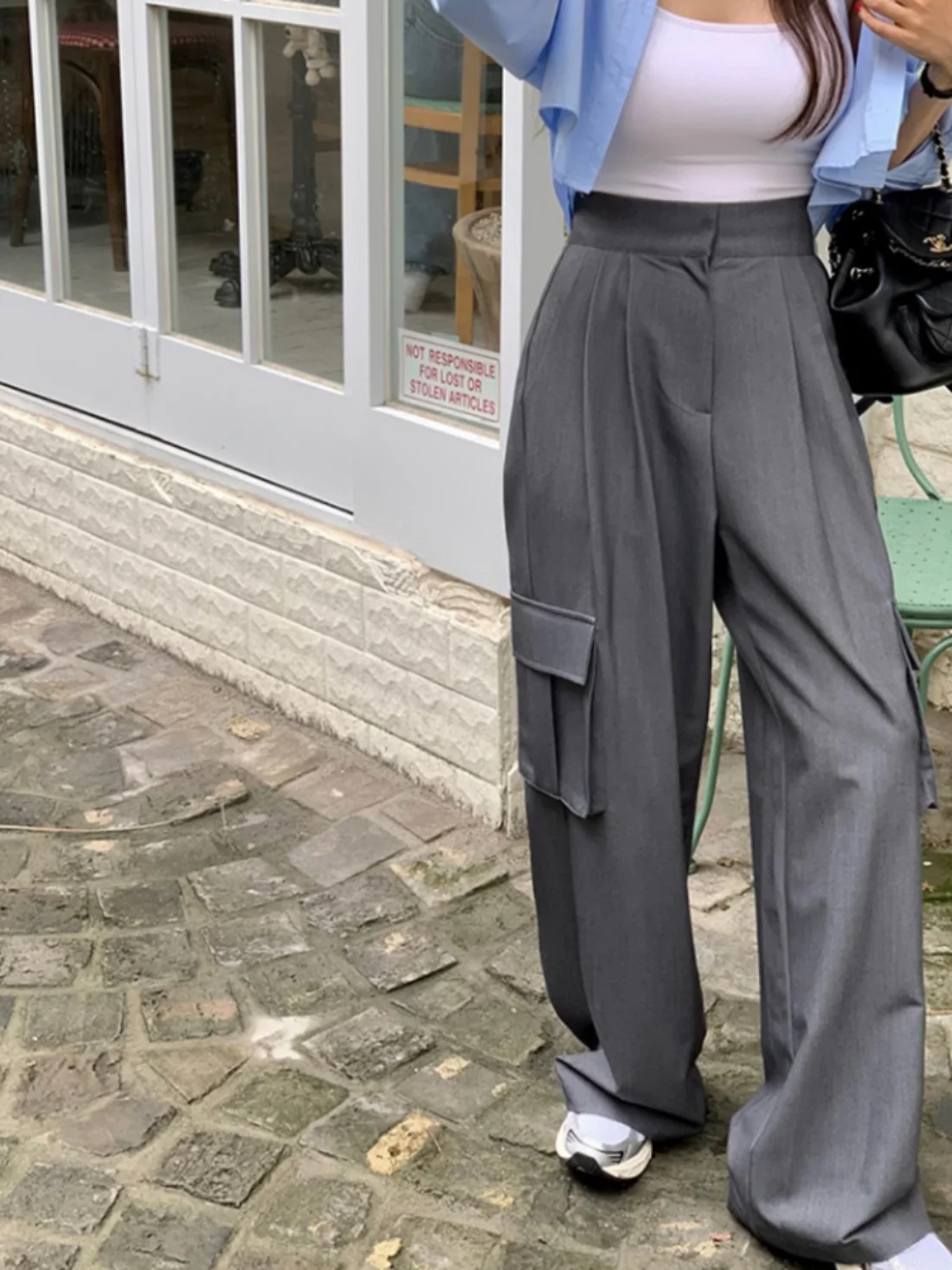 

High Waist Straight Leg Casual Pants Women's Chic Pleated Loose Drapey Long Trousers Workwear Style with Big Pockets