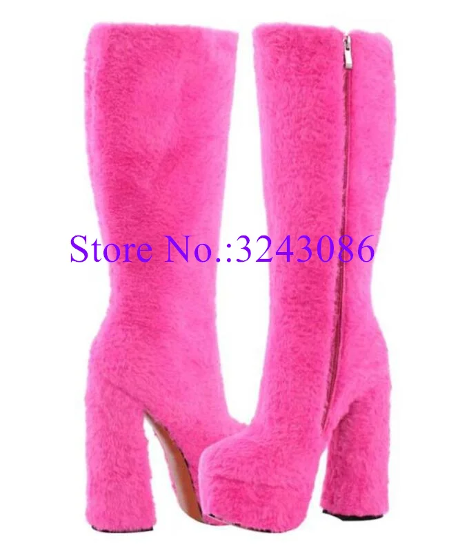 

Rose Red Fur Platform Woman Long Boots Fashion Chunky Heel Lady Knee High Boots Sexy Female Party Shoes