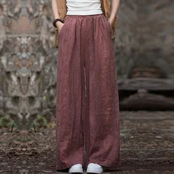 Elegant Women's Cotton Linen Baggy Cargo Pants Vintage Elastic Waist Yoga Trousers Loose Casual Long Wide Leg Oversize Clothes