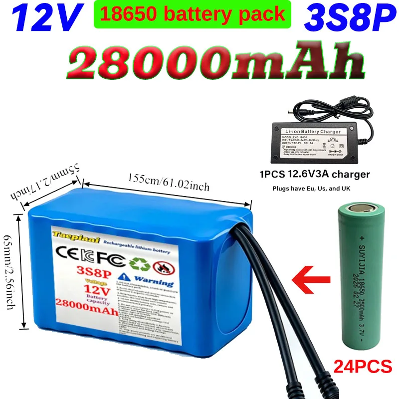 Latest 18650 3S8P 12V 28Ah in capacity lithium-ion battery pack with protection plate and optional charger for power tools