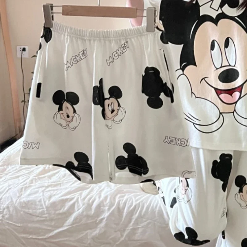 3pcs Disney Mickey Women Pajamas Set Anime Summer Short Sleeve Shorts Sleepwear Round Neck Nightshirt Homewear Clothes Gifts