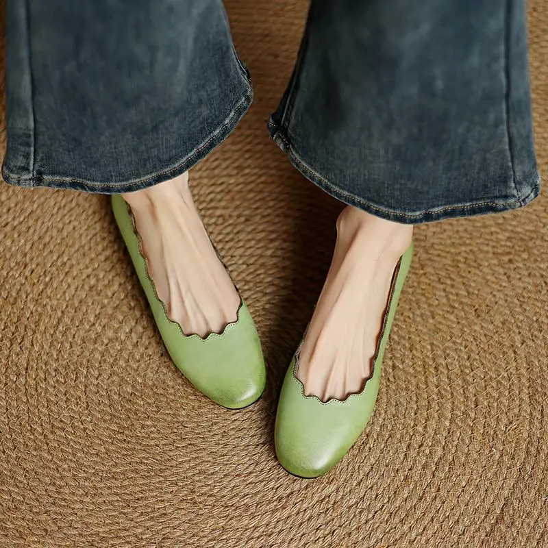 Krazing Pot Cow Leather Round Toe Women Summer Modern Street Wear Ballet Dancer Ruffles Decoration Shallow Comfortable Flats