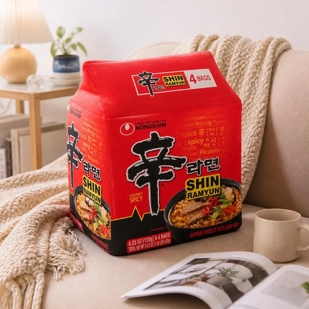 Shin Ramyun Noodle Packet Shaped Stuffed Throw Pillow Korean Spicy Ramen Foodie Cushion Home Accent Sofa Living Room Decor