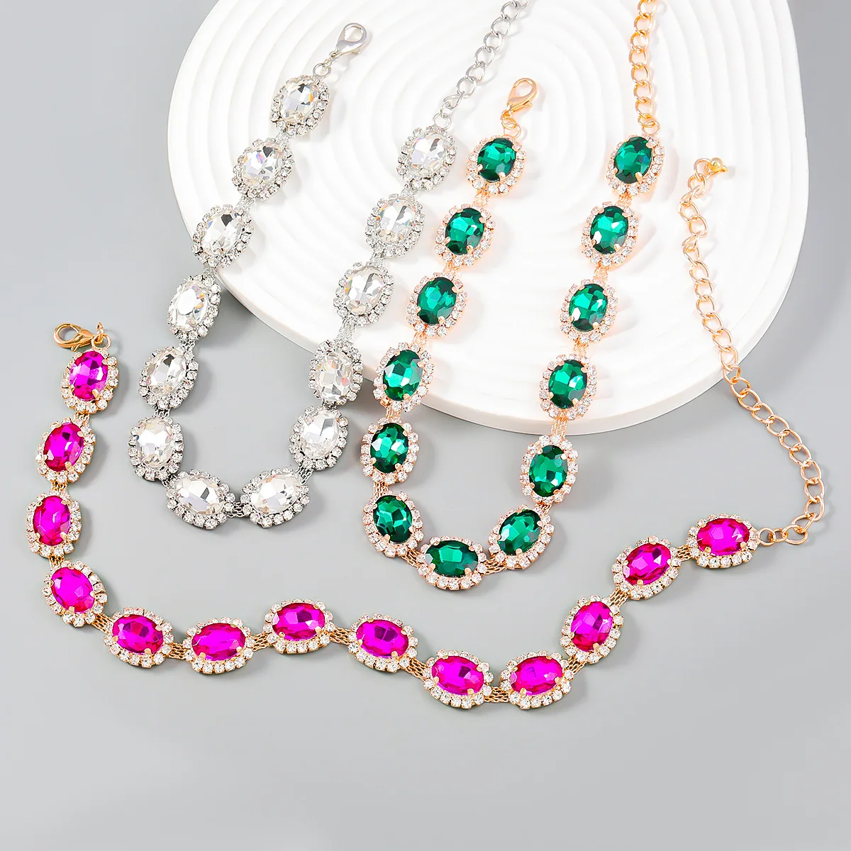 Gold Luxury Fuchsia Green Zircon Statement Choker Clavicle Necklace Jewelry for Women