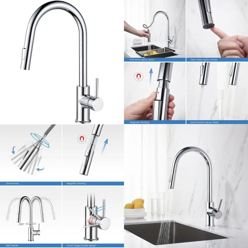 

Pull Down Sprayer Kitchen Faucet - Single Handle High Arc Solid Brass Spout, Easy-to-Use Sink Faucet with Circular Design