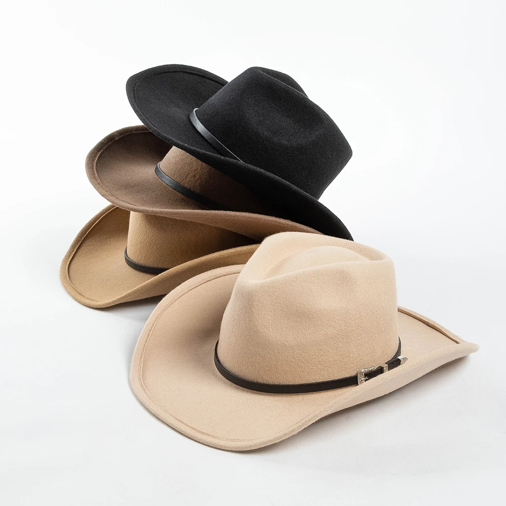 

100% Wool Felt Cowboy Hat With PU Belt Unisex Wide Brim