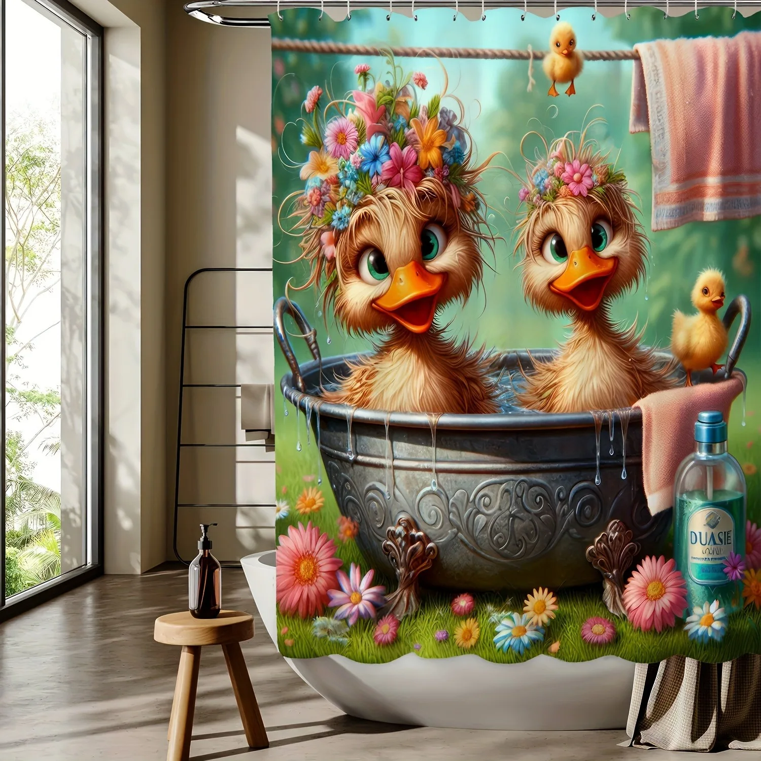 Cartoon duck taking a bath Shower Curtain Washable Dirt-Resistant Shower Head waterproof Polyester Bath Curtain For Home Decor
