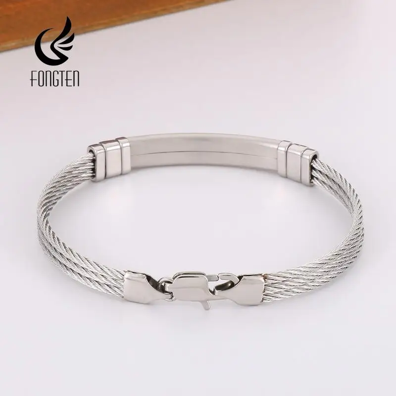 Fongten 6mm Width Stainless Steel Cuff Bracelets Three Layer Steel Wire Cable Chain Bracelet Bangle for Men Wristband Jewelry
