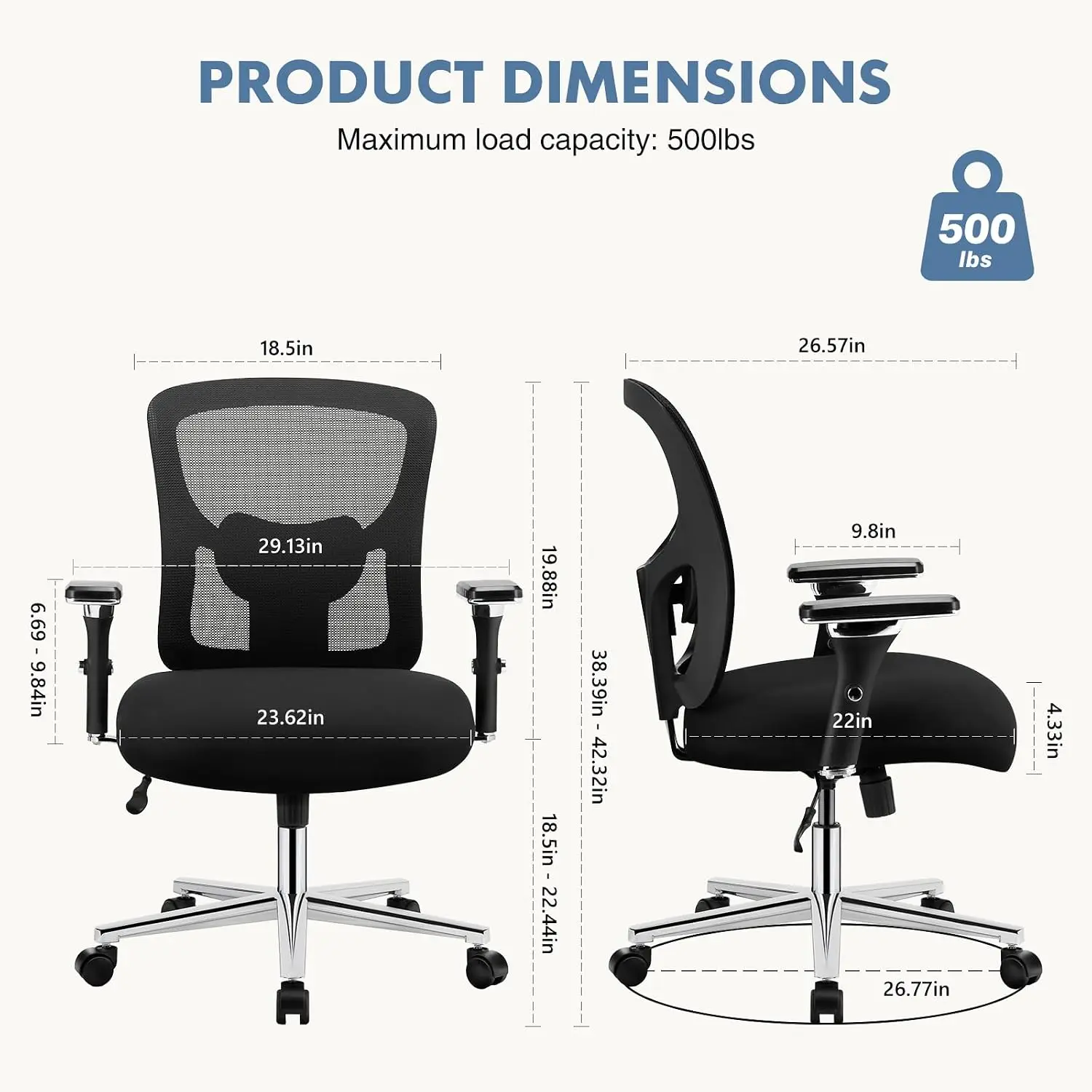 Big and Tall Ergonomic Mesh Office Chair with Adjustable Lumbar Support, 4D Armrests and Wide Seat, 500 lb Capacity, Black