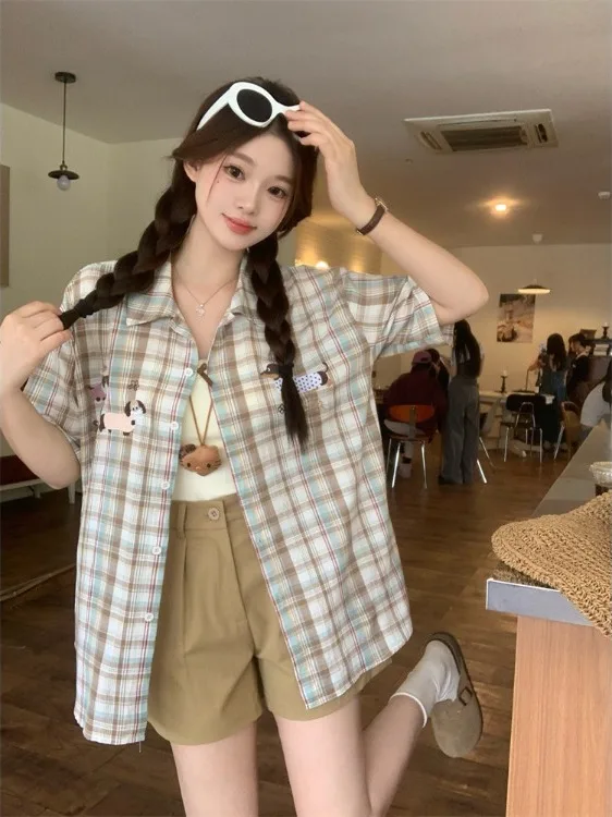 

plus Size Women's Korean Style Retro Embroidered Plaid Short Sleeve Shirt High Waist Loose Wide Leg Short Pants Summer New Ar...