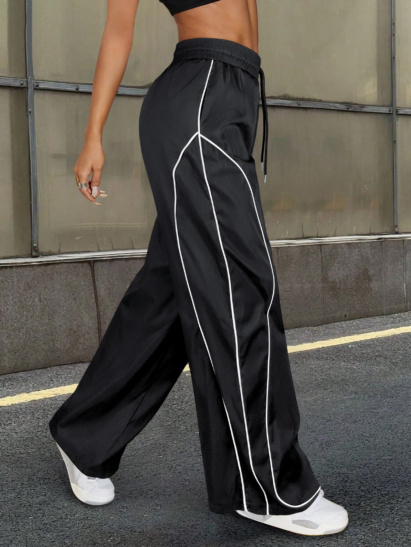 Y2K Casual Gestreepte Contrasterende Elastische Taille Werkkleding Parachutebroek Dames Mid-Rise Trekkoord Wijde Pijpen Loose Fit Cargo Broek